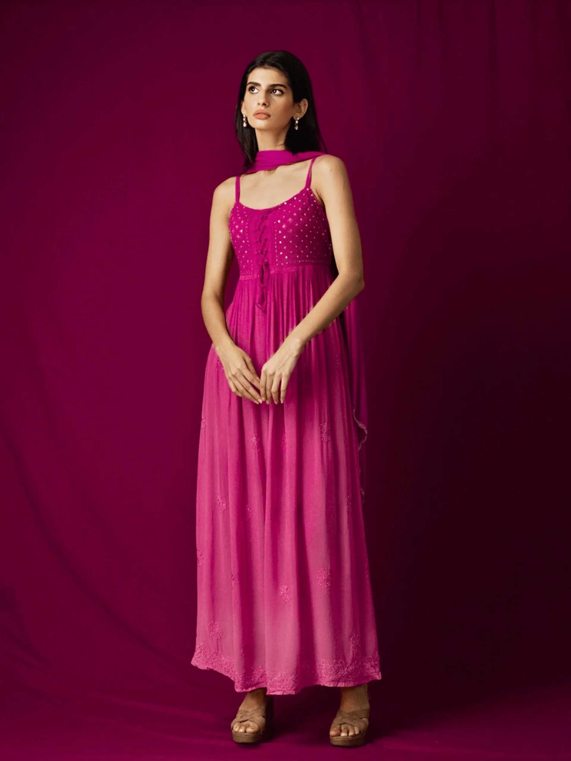 Russian Pink Flared Anarkali Chikankari Kurta Set - Image 7