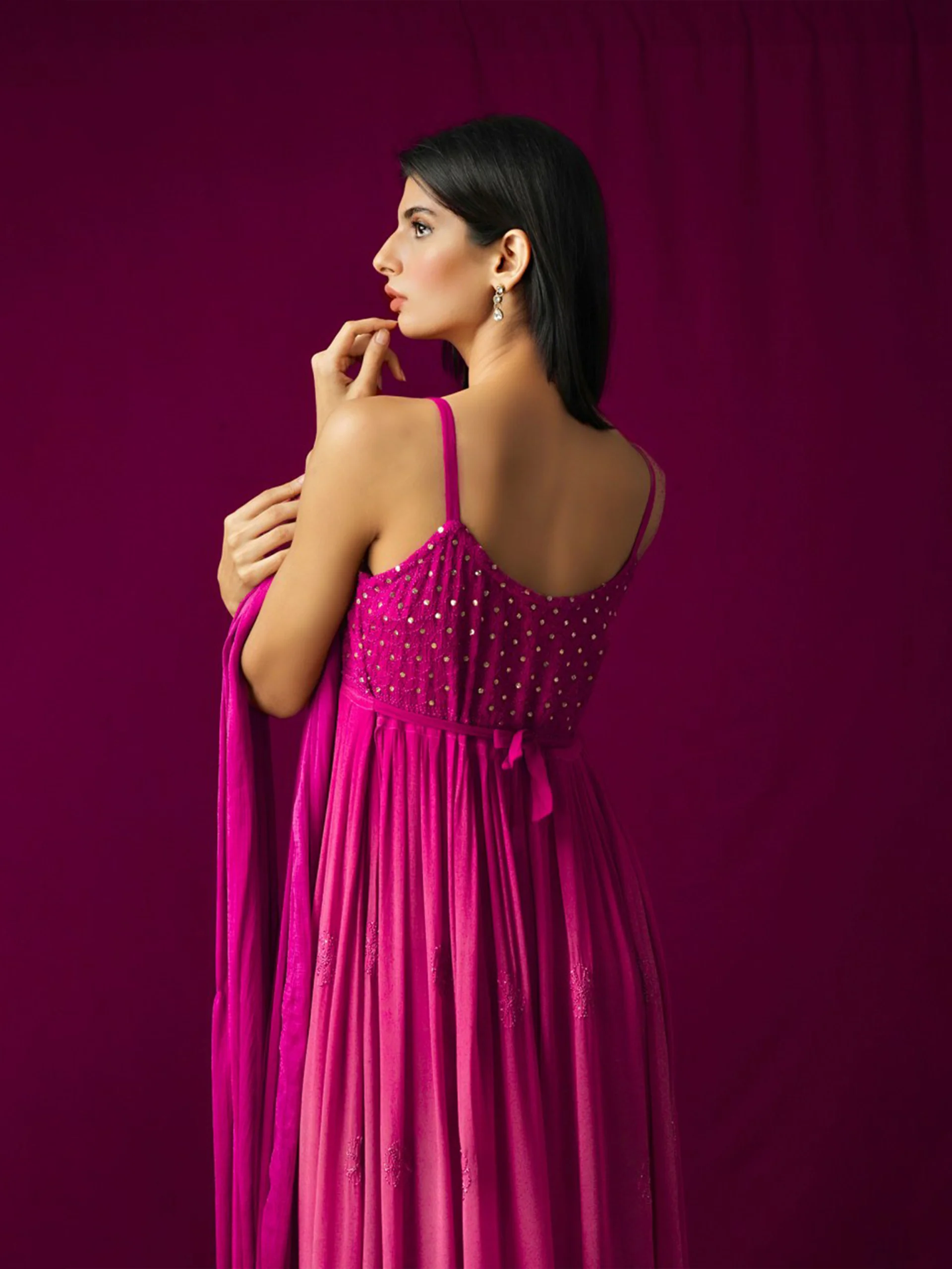 Russian Pink Flared Anarkali Chikankari Kurta Set - Image 8