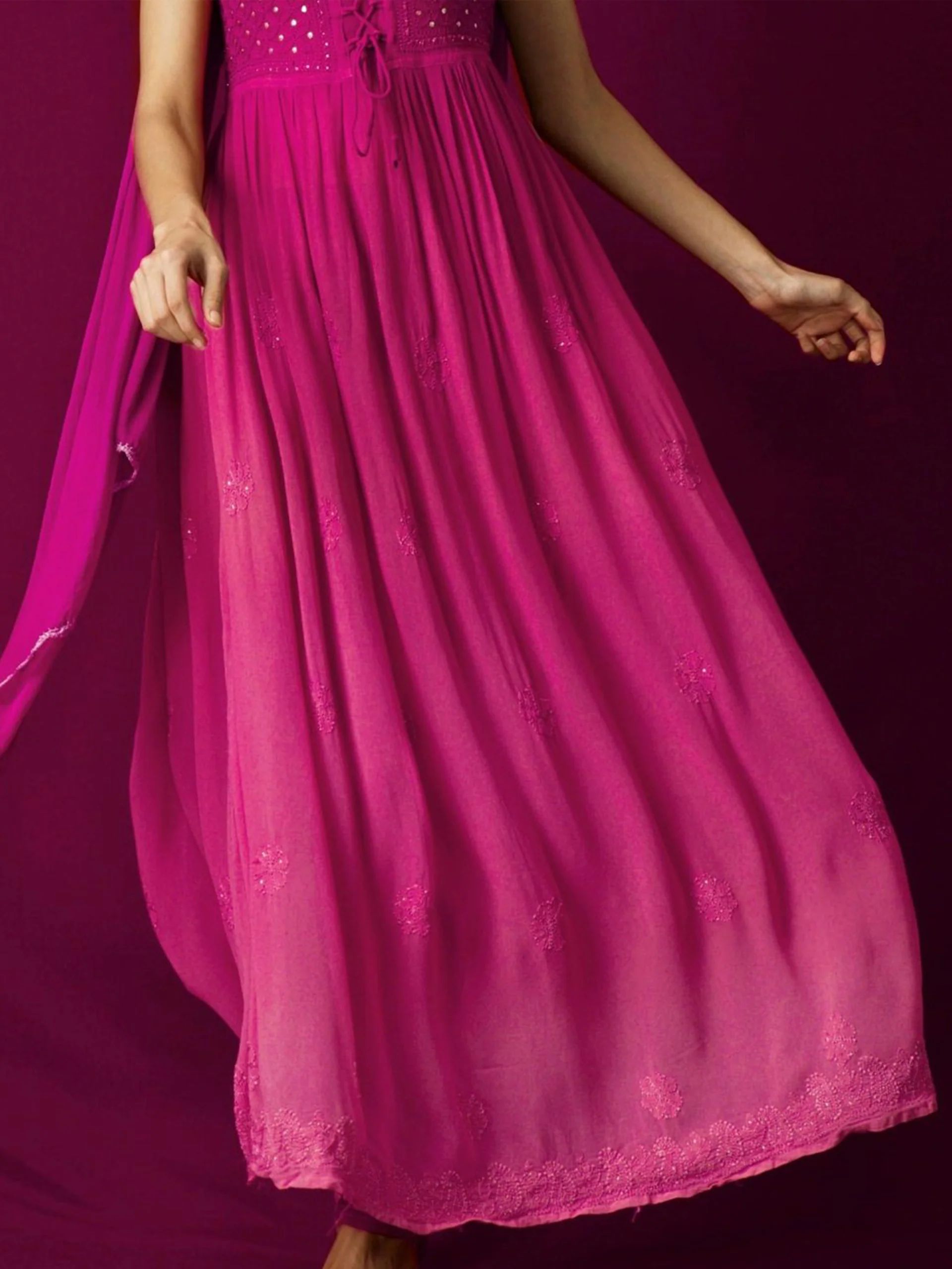 Russian Pink Flared Anarkali Chikankari Kurta Set - Image 9