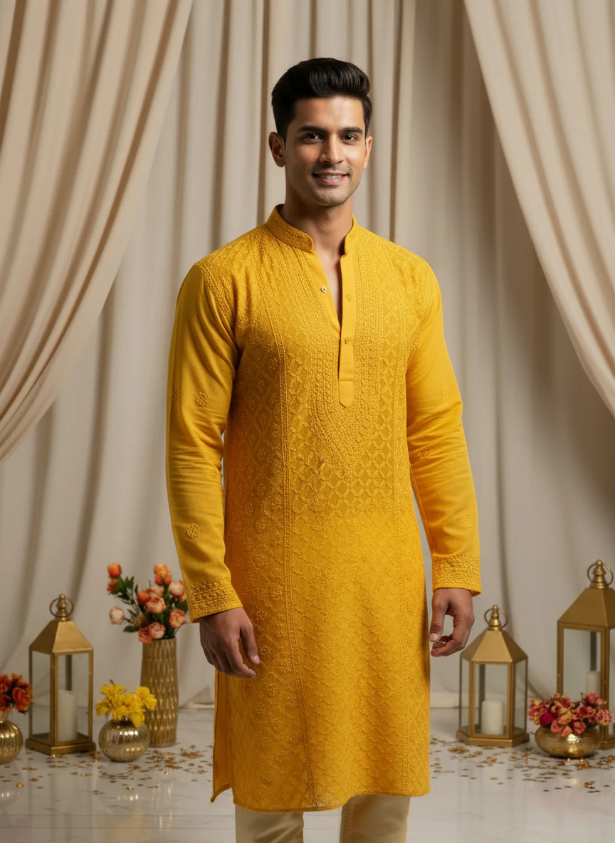 Saffron Dawn Mens Chikankari Hand-embroidered Kurta - Image 3