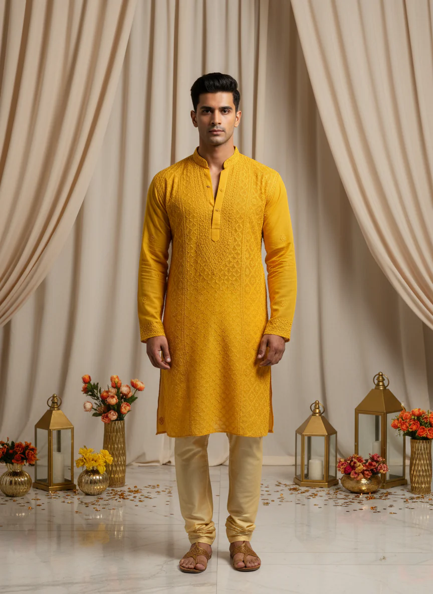 Saffron Dawn Mens Chikankari Hand-embroidered Kurta - Image 4