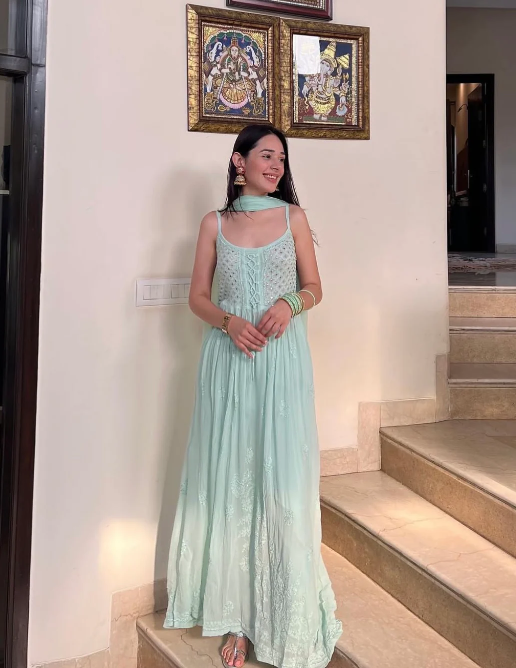 Sage Green Chikankari Anarkali Kurta Set (Set of 3) - Image 3