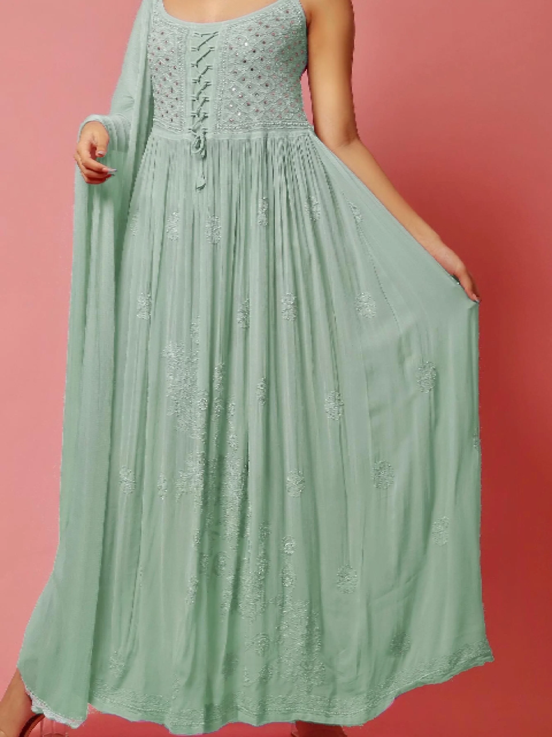 Sage Green Chikankari Anarkali Kurta Set (Set of 3) - Image 4