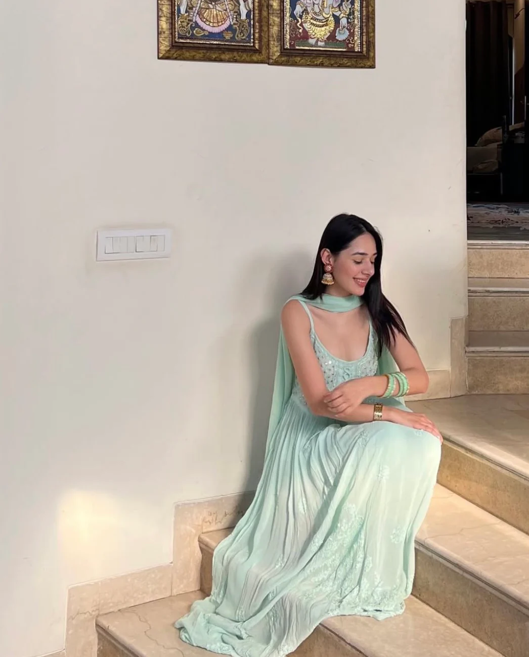 Sage Green Chikankari Anarkali Kurta Set (Set of 3) - Image 5