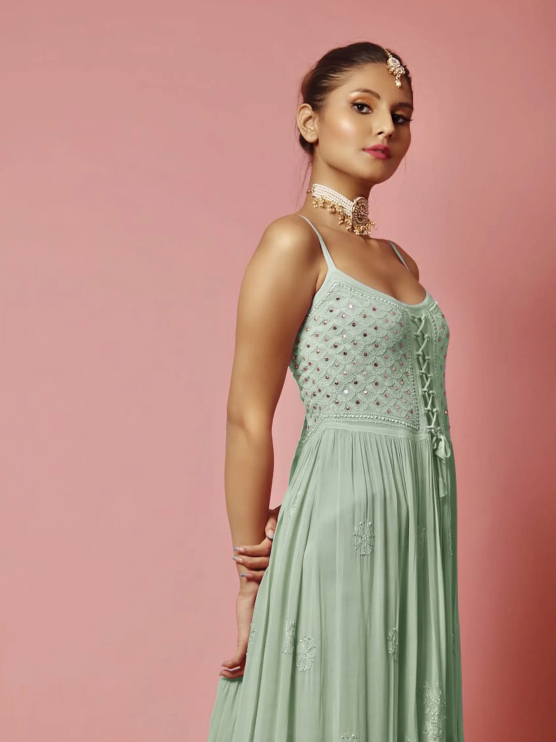 Sage Green Chikankari Anarkali Kurta Set (Set of 3) - Image 6