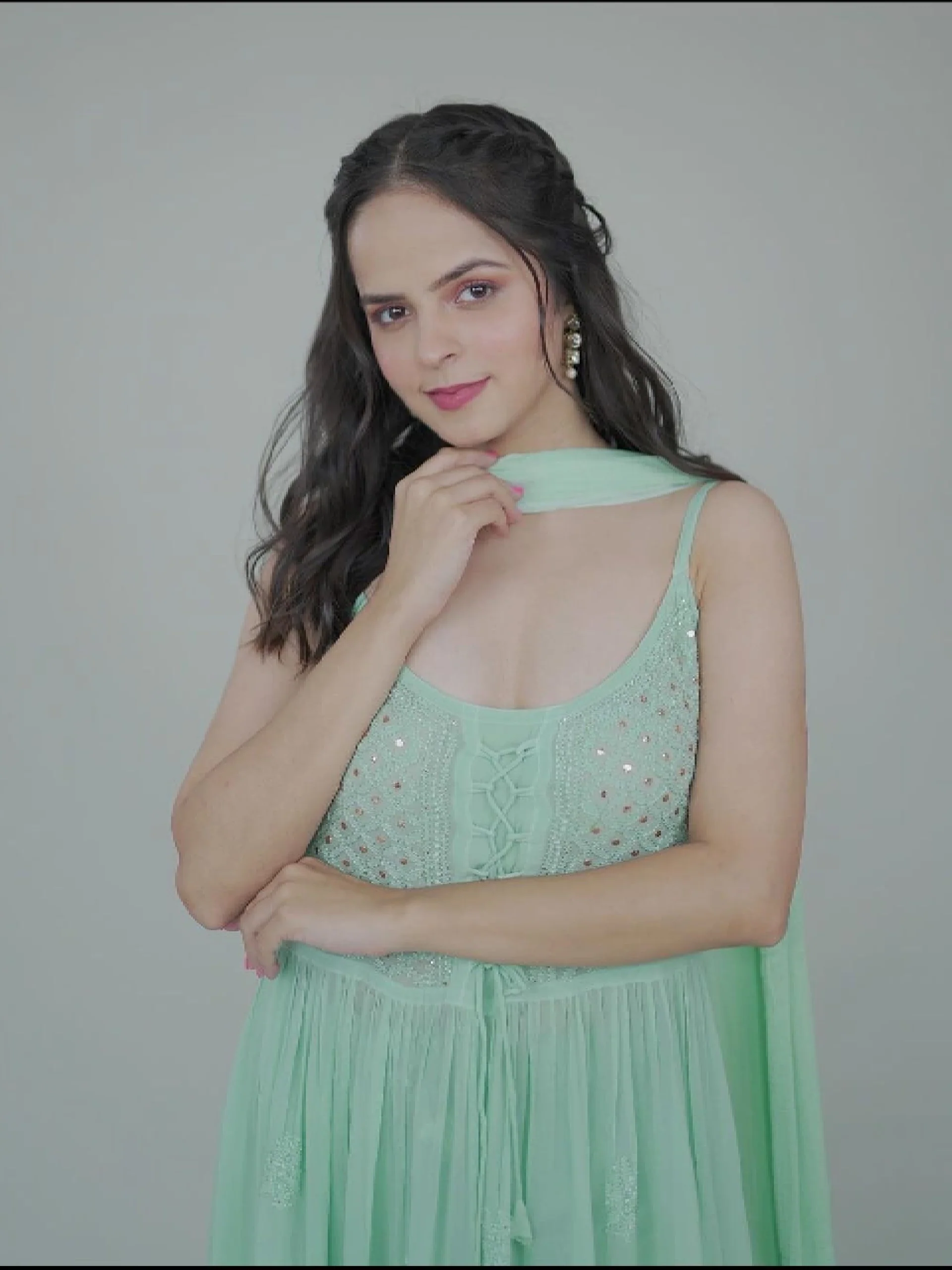 Sage Green Chikankari Anarkali Kurta Set (Set of 3) - Image 7