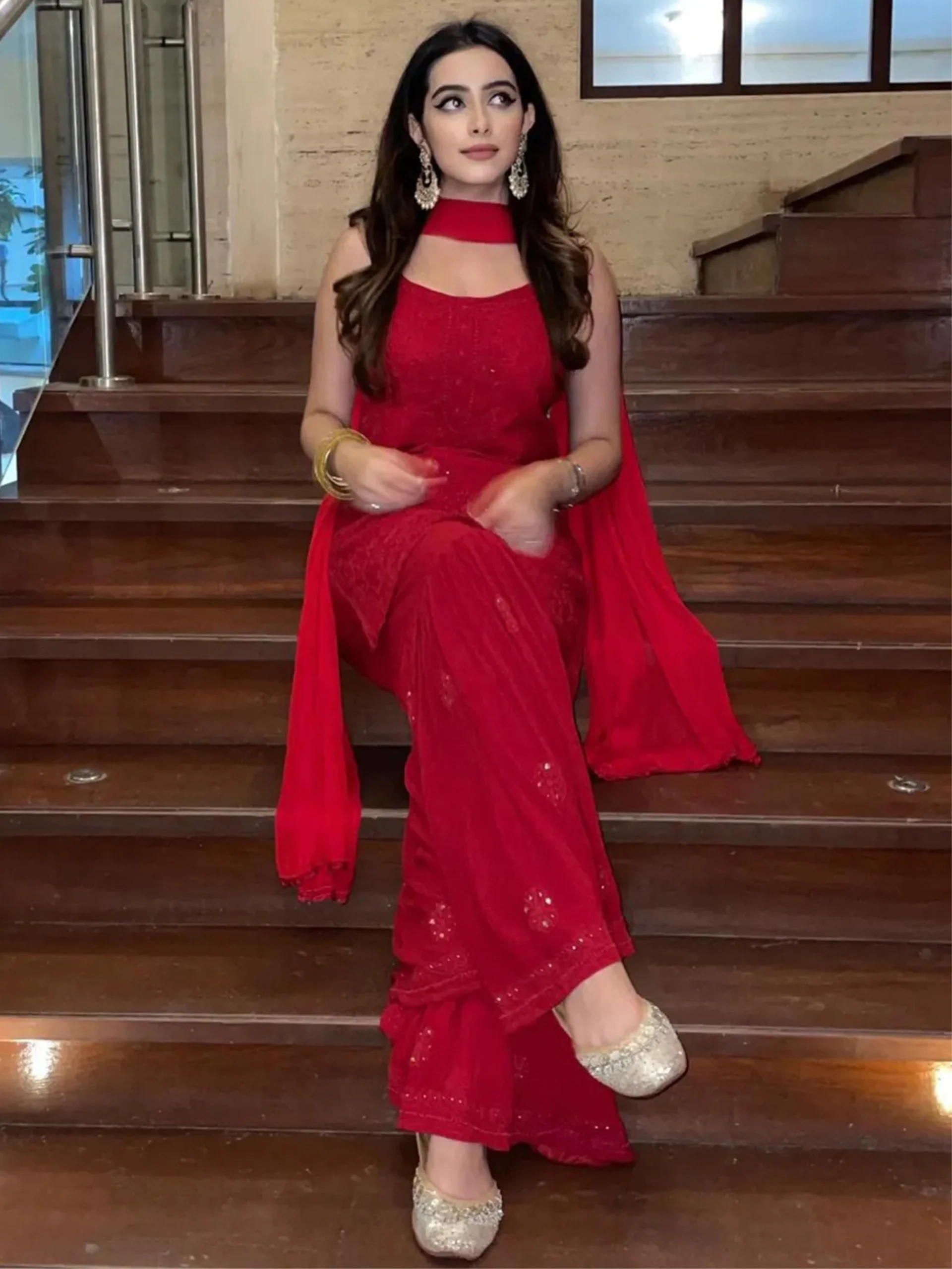 Scarlet Red Chikankari Gharara Short Kurta Set - Image 10