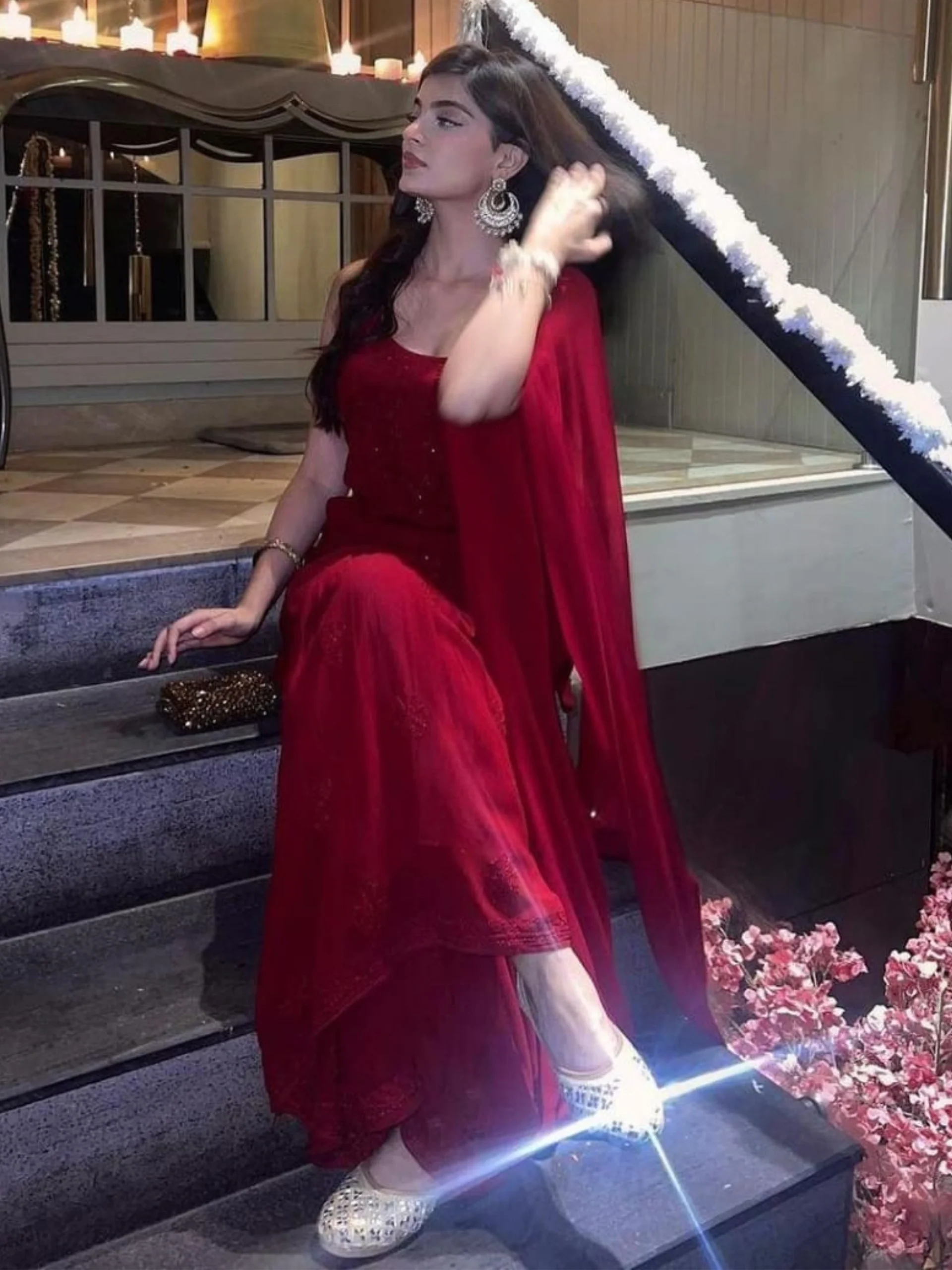 Scarlet Red Chikankari Gharara Short Kurta Set - Image 11