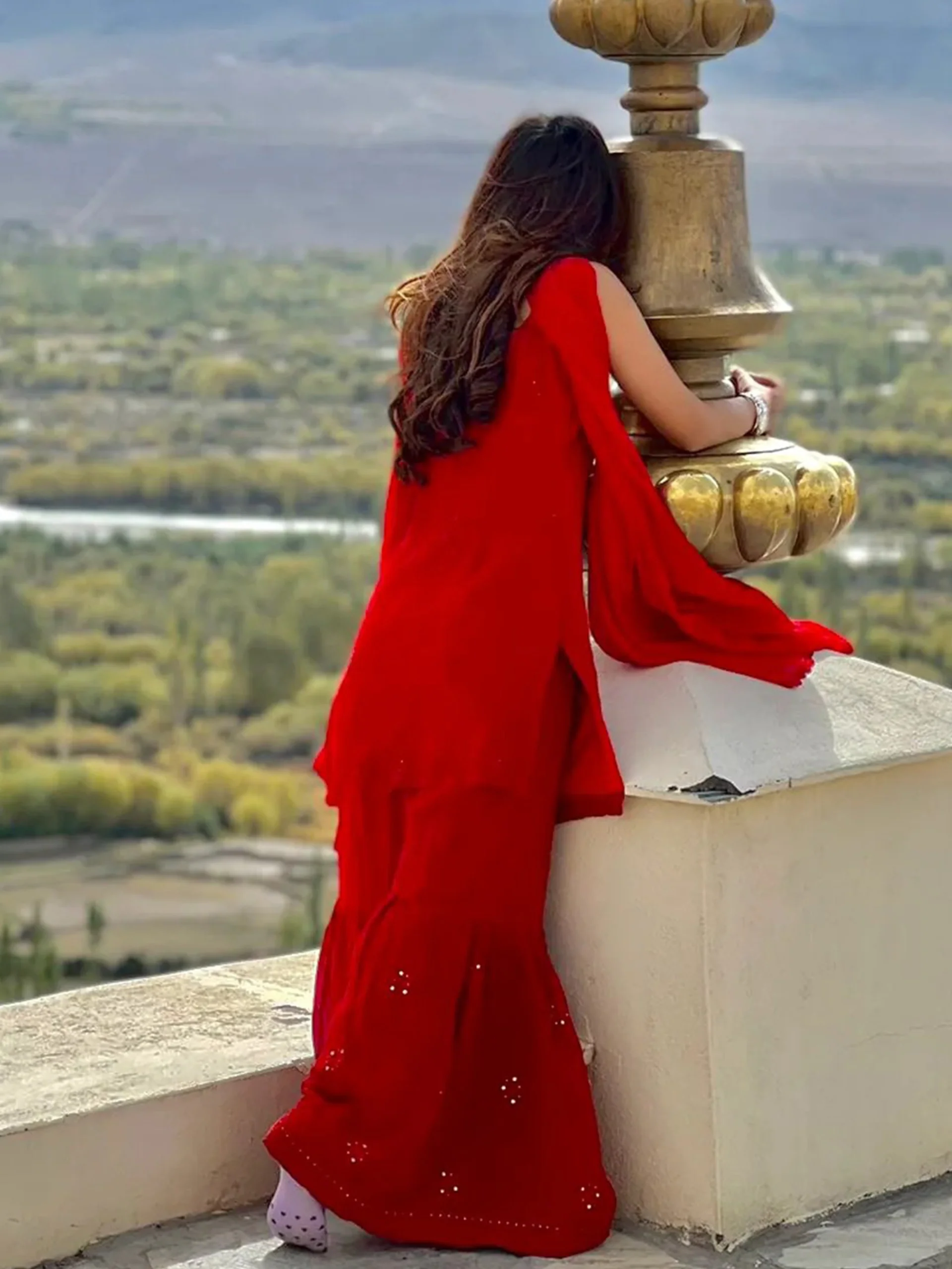 Scarlet Red Chikankari Gharara Short Kurta Set - Image 13