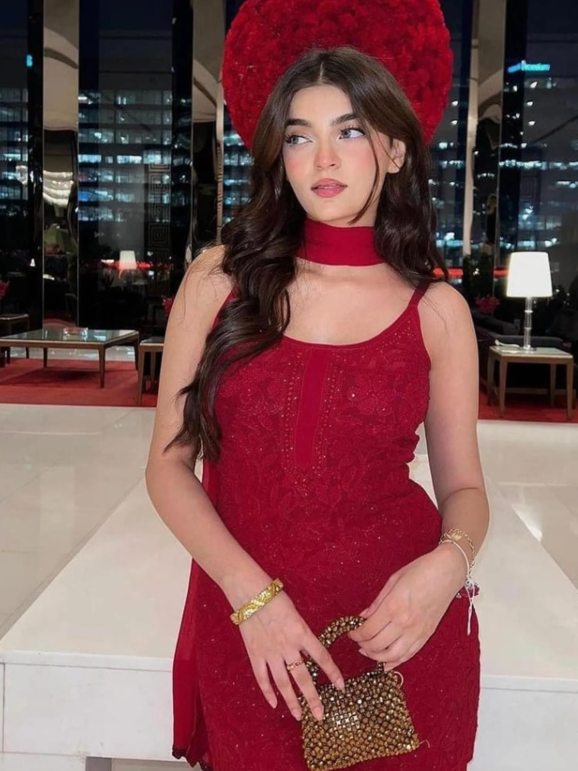 Scarlet Red Chikankari Gharara Short Kurta Set - Image 3