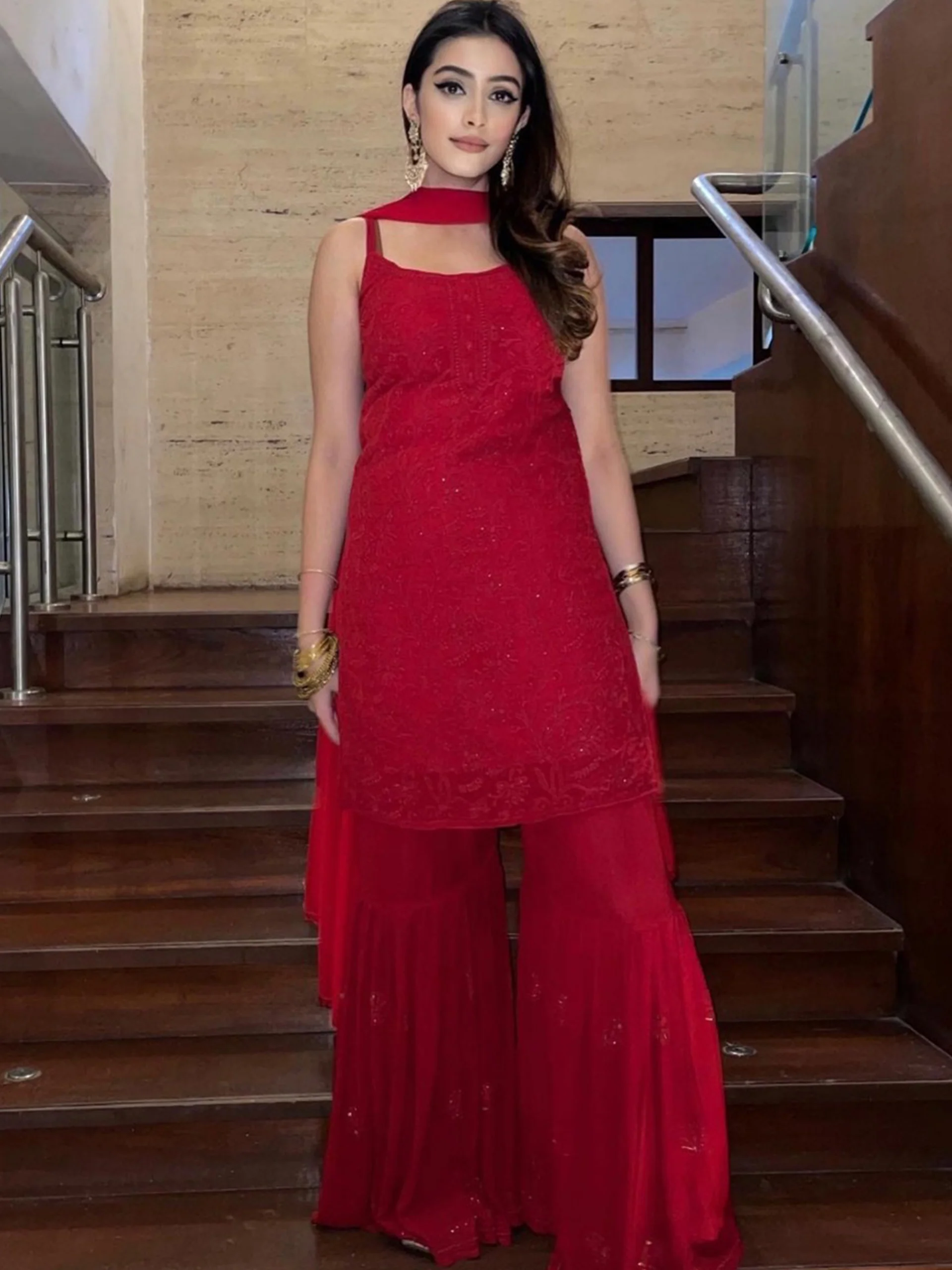 Scarlet Red Chikankari Gharara Short Kurta Set - Image 4