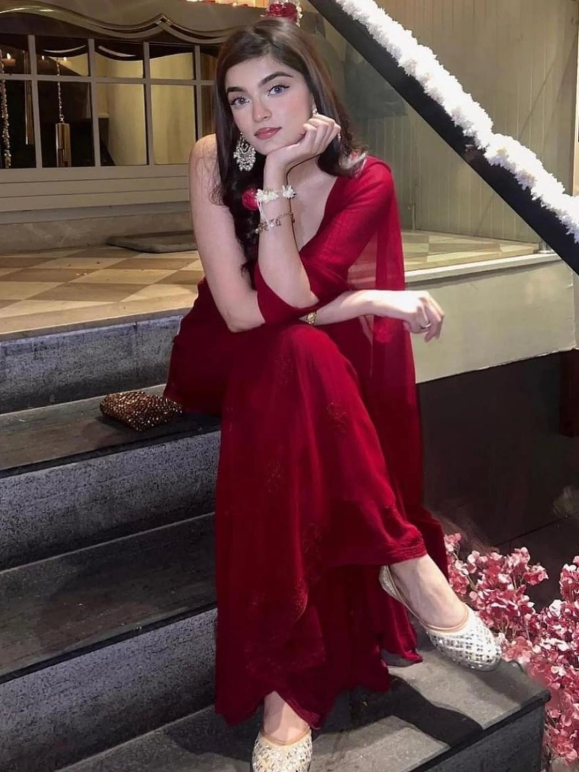 Scarlet Red Chikankari Gharara Short Kurta Set - Image 5