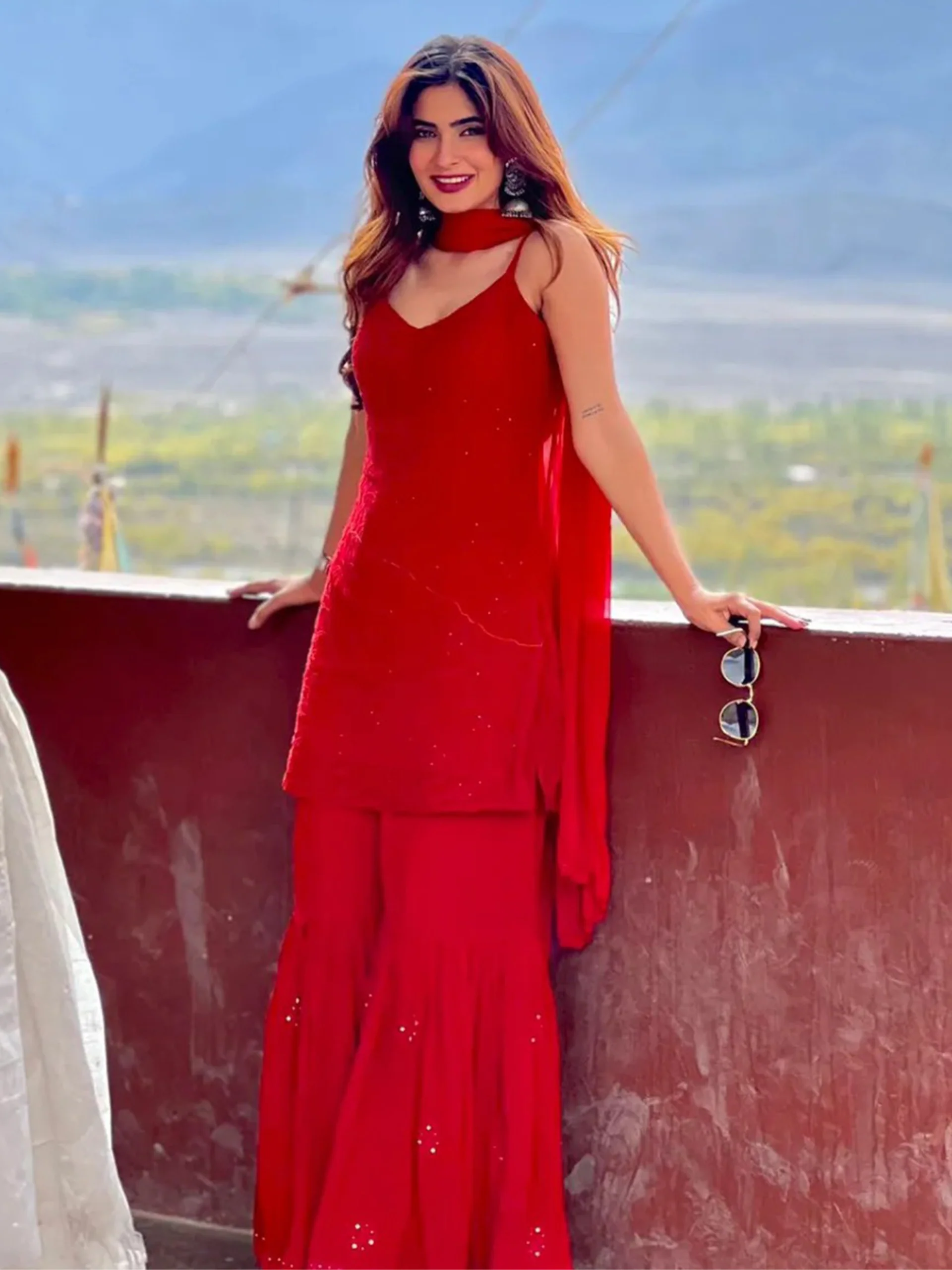 Scarlet Red Chikankari Gharara Short Kurta Set - Image 6