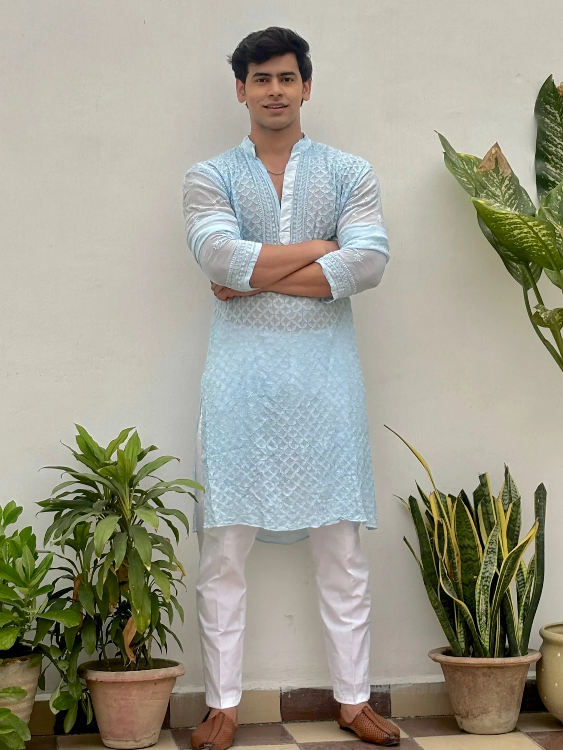 Skyline Mist Mens Chikankari Hand-embroidered Kurta - Image 3