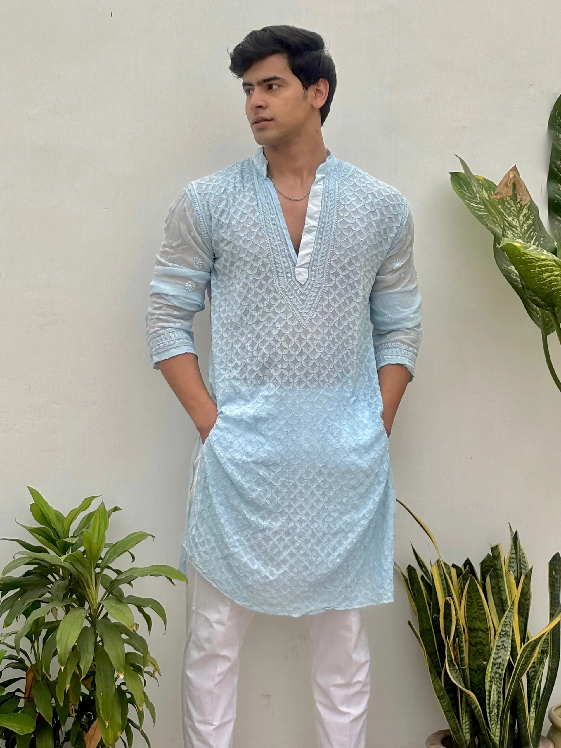 Skyline Mist Mens Chikankari Hand-embroidered Kurta - Image 4