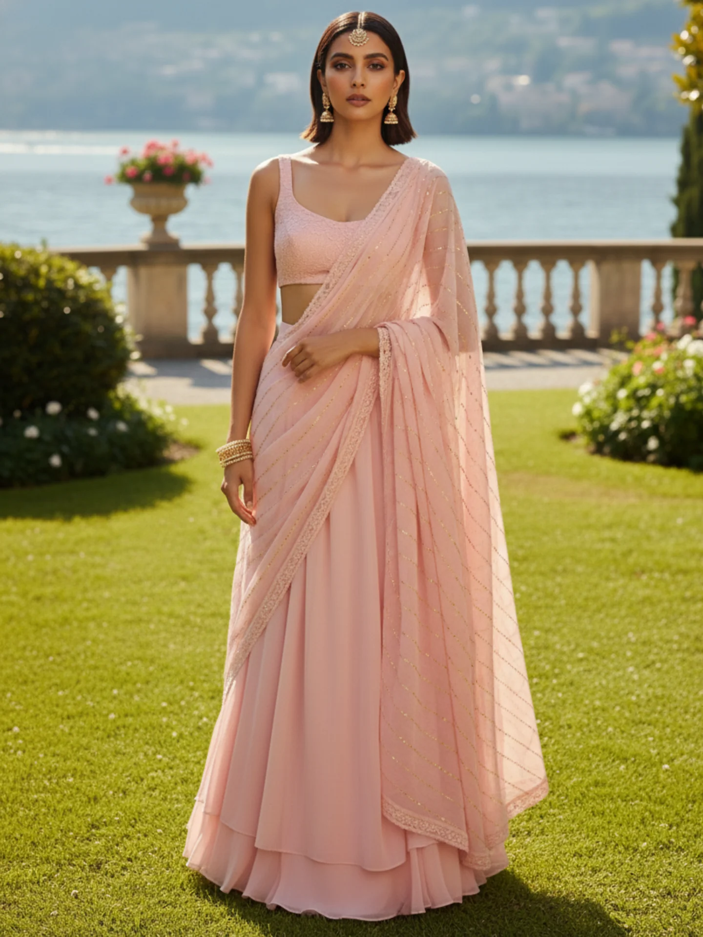 Soft Pink Lily Chikankari Lehenga Saree (Set of 3) - Image 3