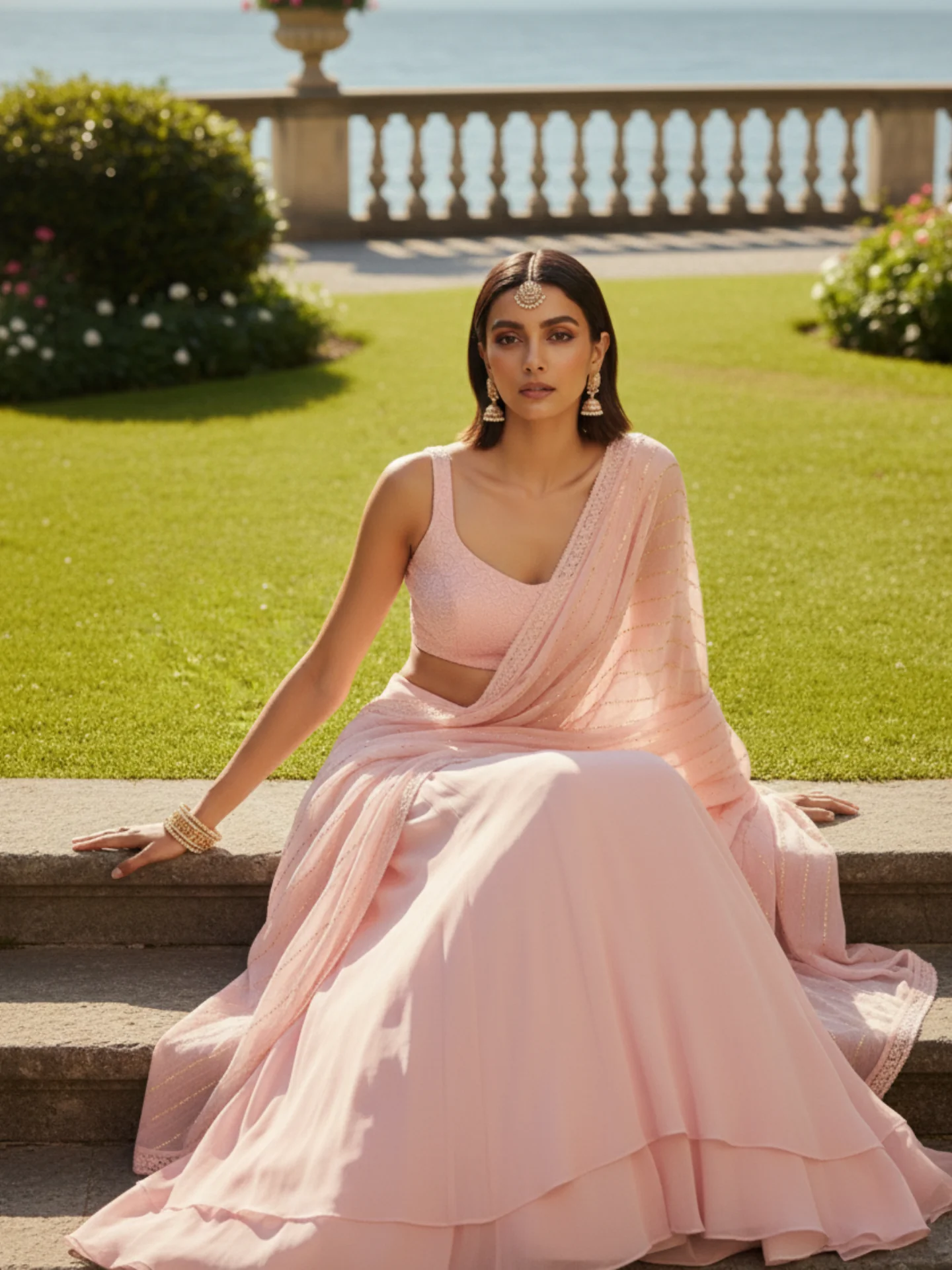 Soft Pink Lily Chikankari Lehenga Saree (Set of 3) - Image 5