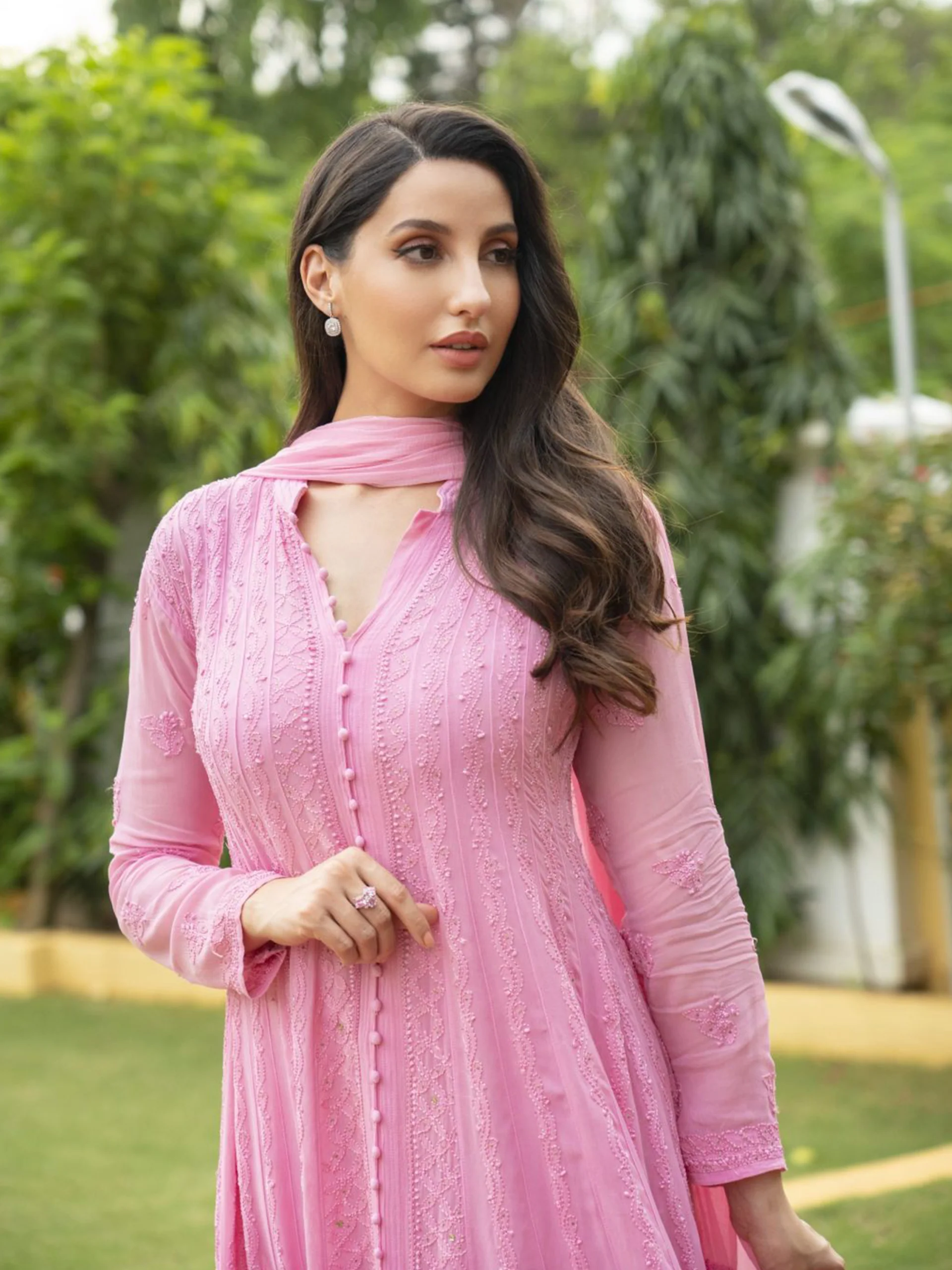 Spanish Rose Chikankari & Mukaish Anarkali Set (Set of 3) - Image 3