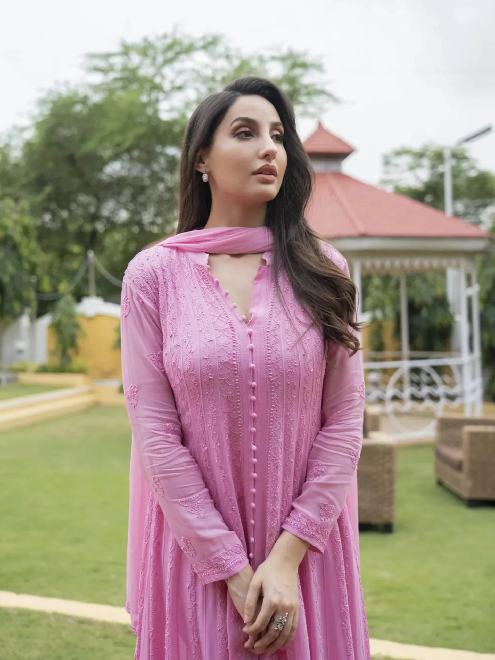 Spanish Rose Chikankari & Mukaish Anarkali Set (Set of 3) - Image 5