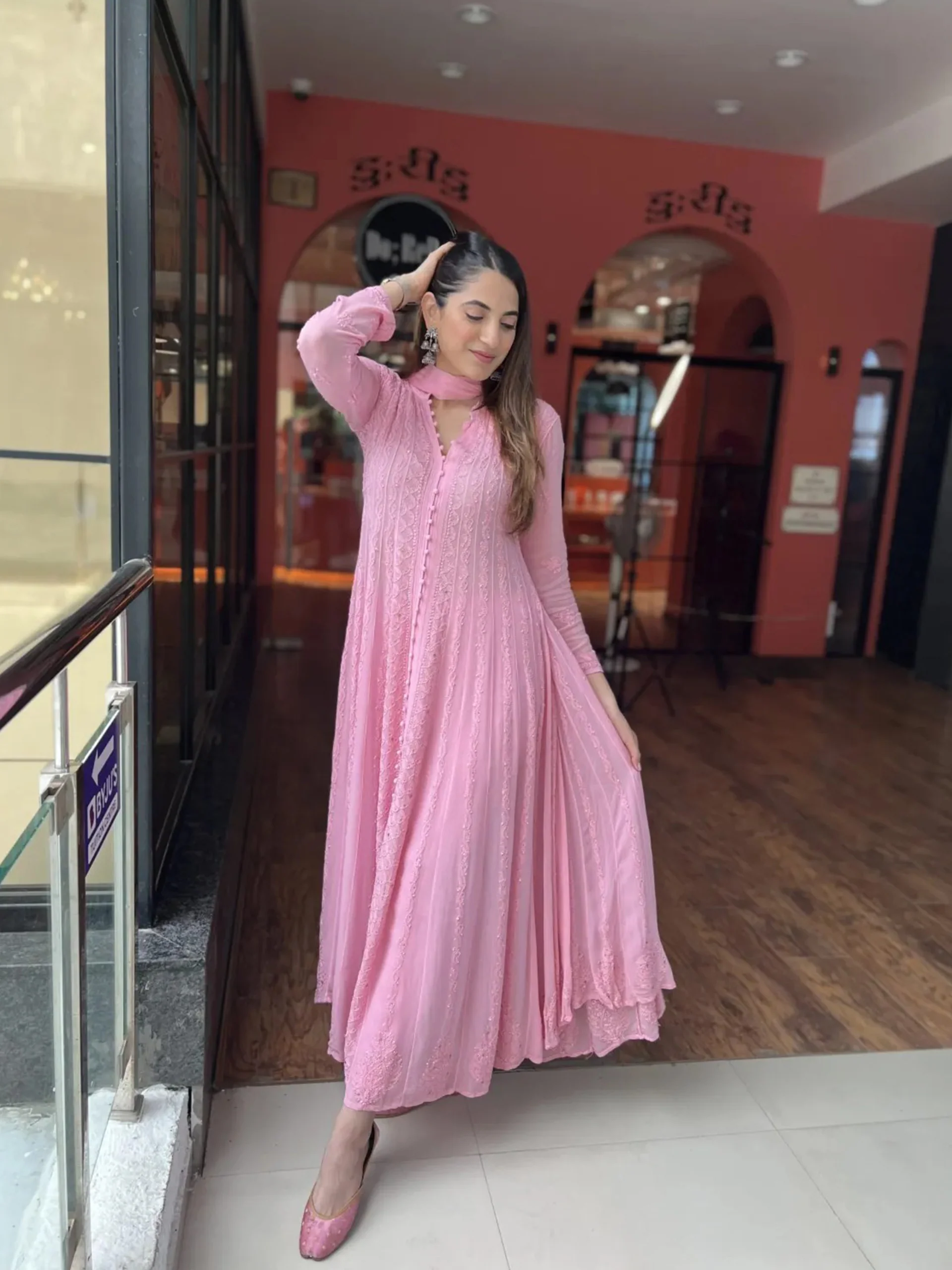 Spanish Rose Chikankari & Mukaish Anarkali Set (Set of 3) - Image 7