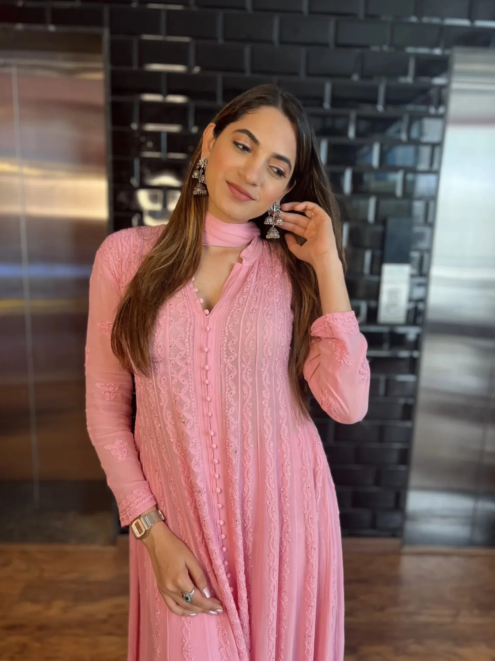 Spanish Rose Chikankari & Mukaish Anarkali Set (Set of 3) - Image 8