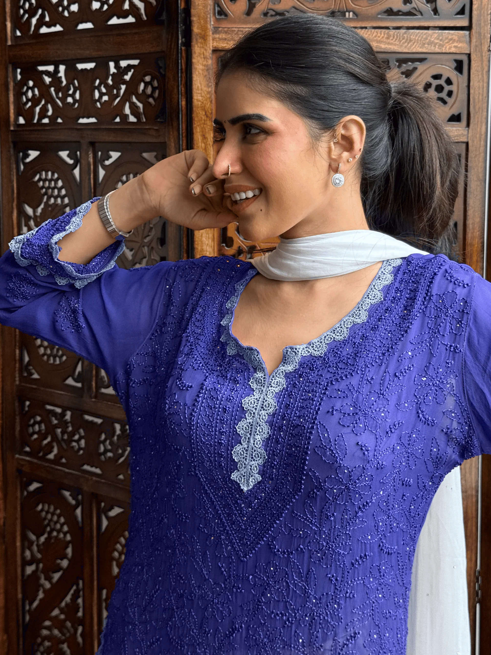 Starlit Blue Chikankari Short Kurta - Image 3