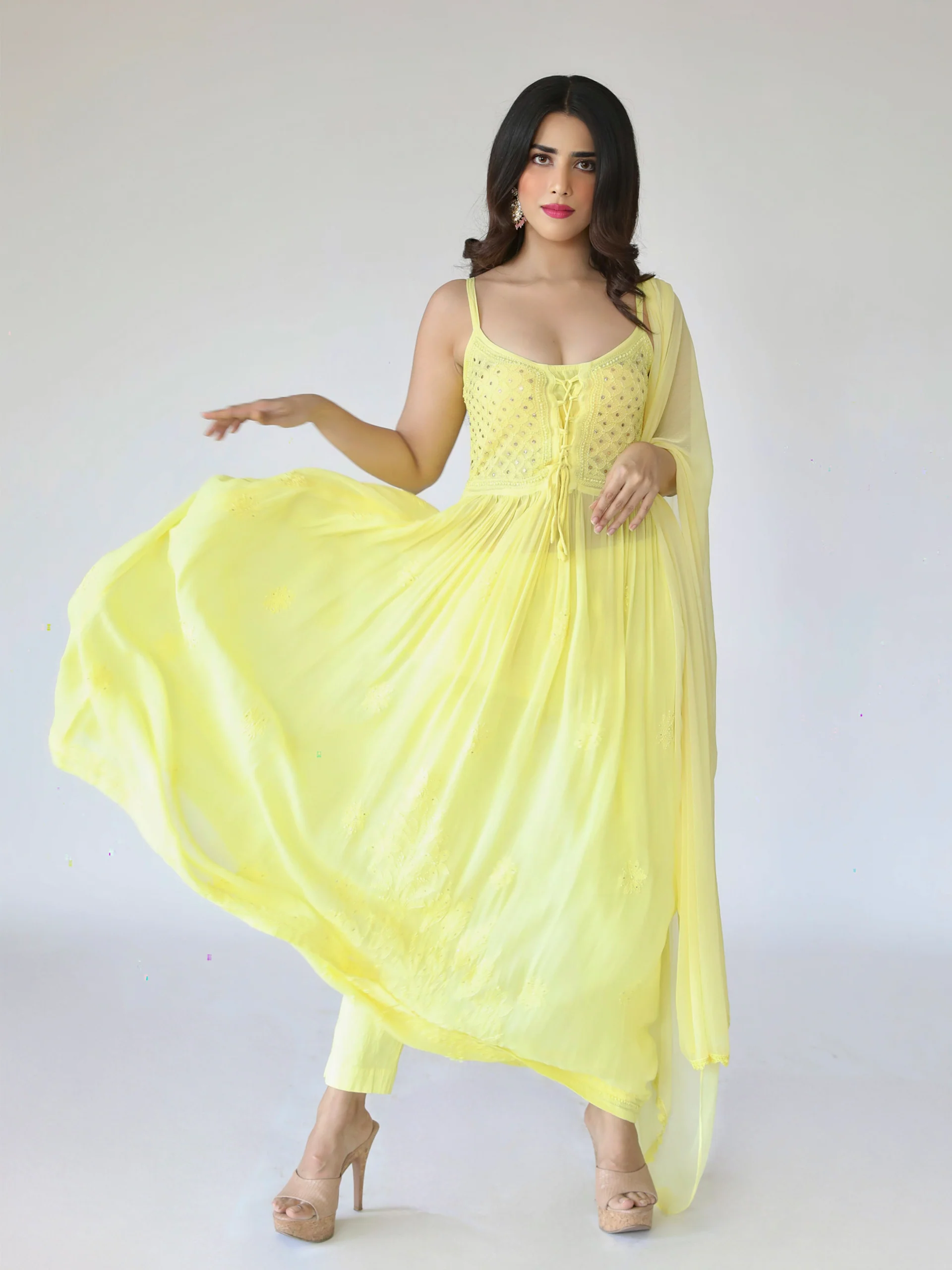 Sugar Cookie Anarkali Chikankari Kurta Set - Image 6