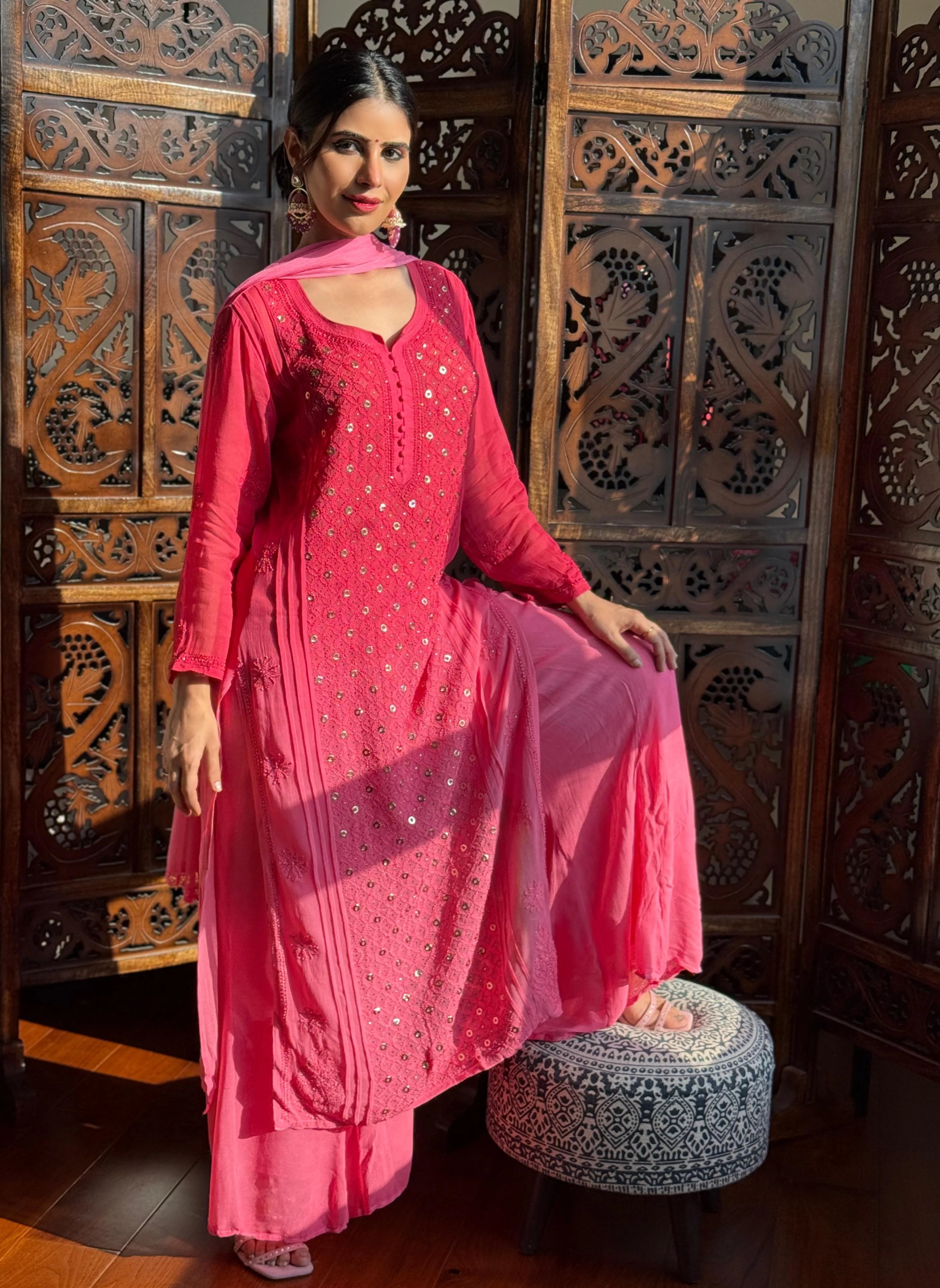 Sunrise Pink Chikankari & Mukaish Ring Work Kurta (Set of 3) - Image 3