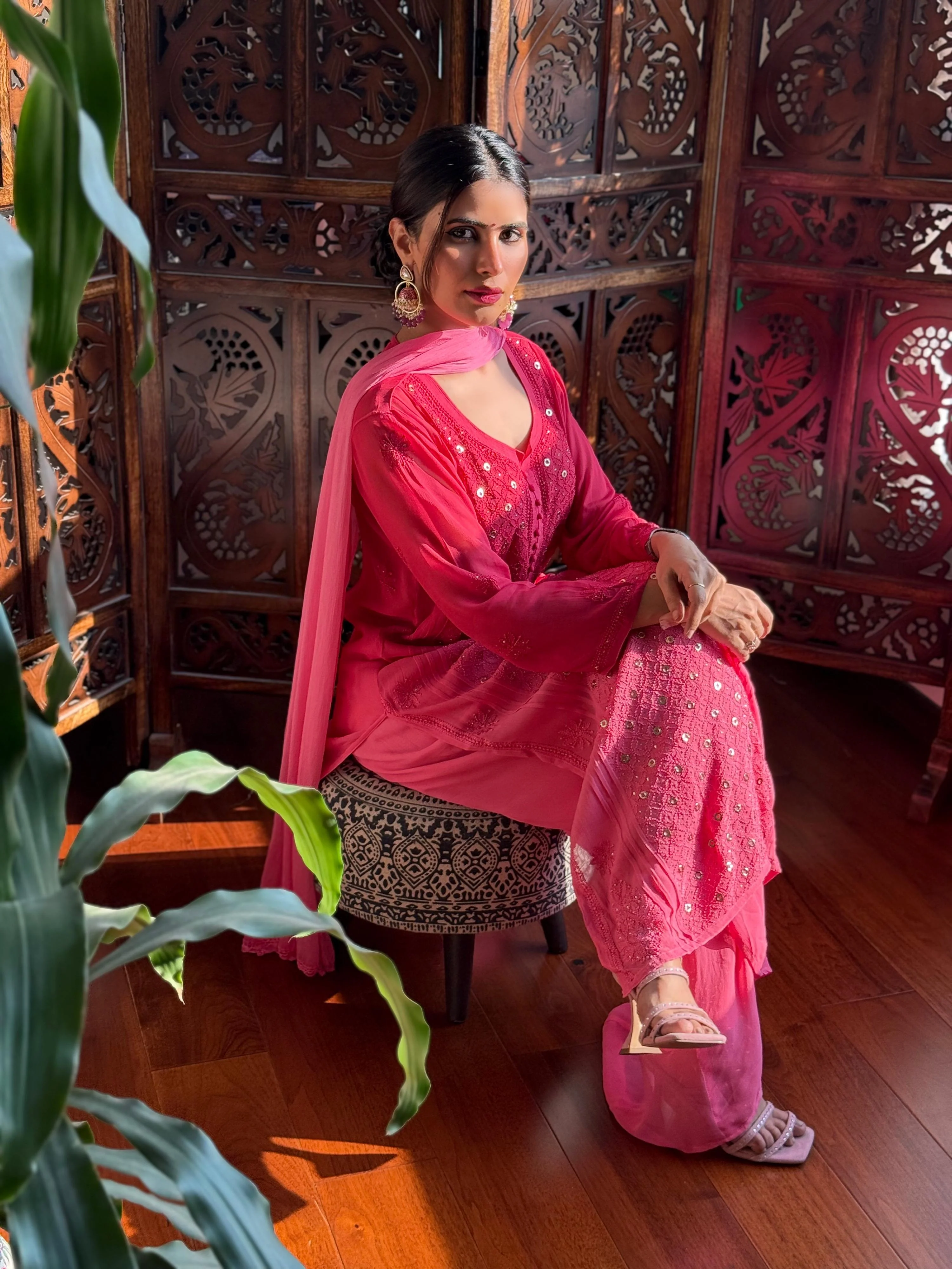 Sunrise Pink Chikankari & Mukaish Ring Work Kurta (Set of 3) - Image 4