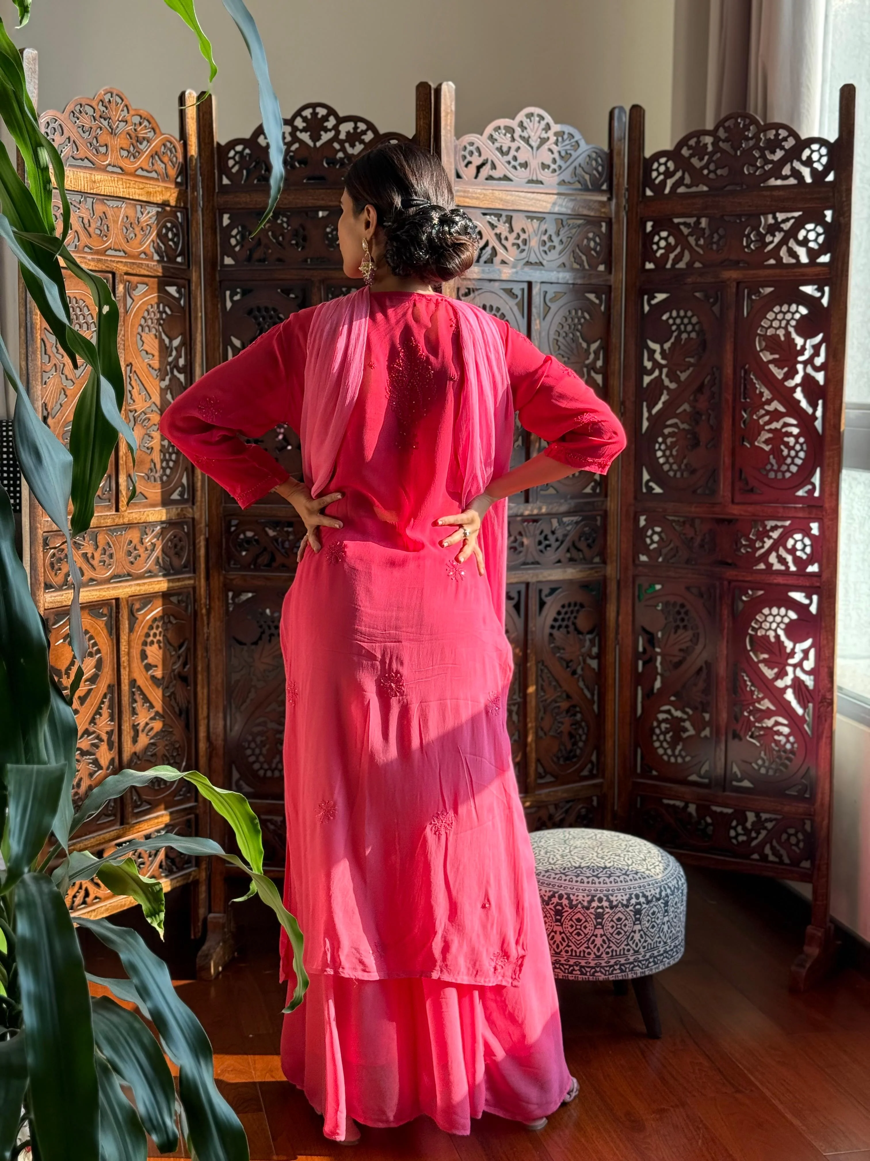 Sunrise Pink Chikankari & Mukaish Ring Work Kurta (Set of 3) - Image 5