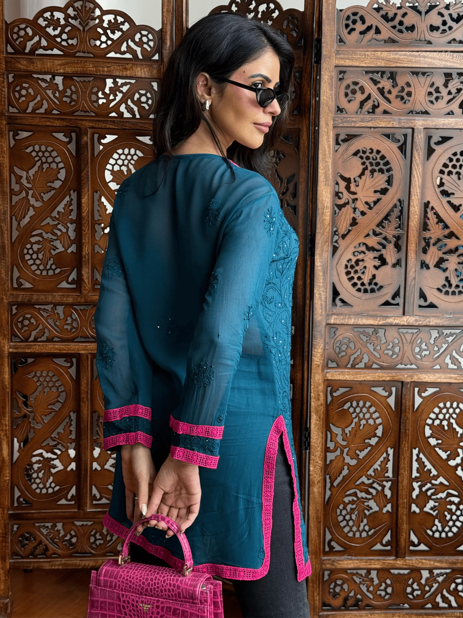 Teal Bloom Chikankari Short Kurta - Image 4