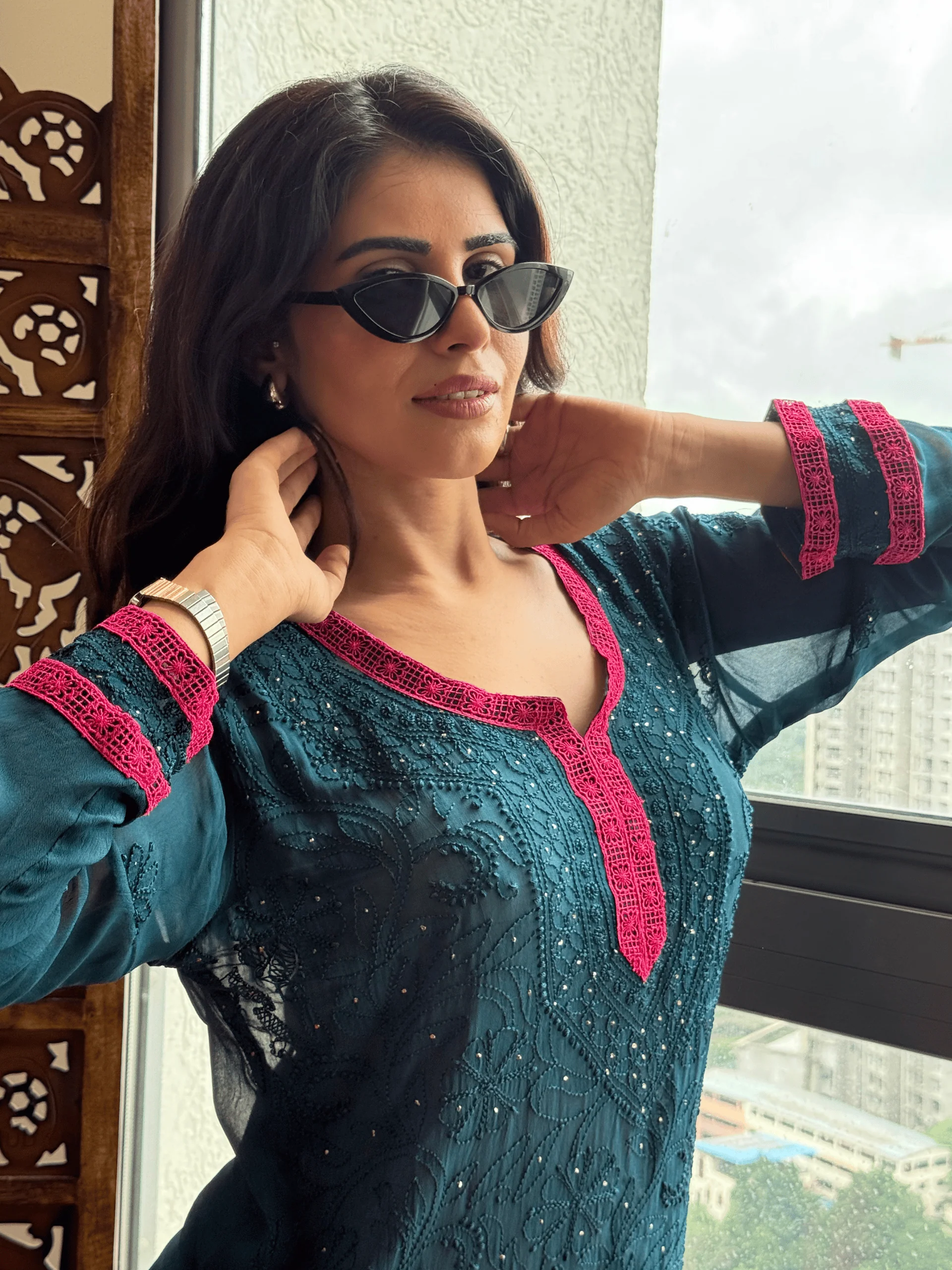 Teal Bloom Chikankari Short Kurta - Image 5