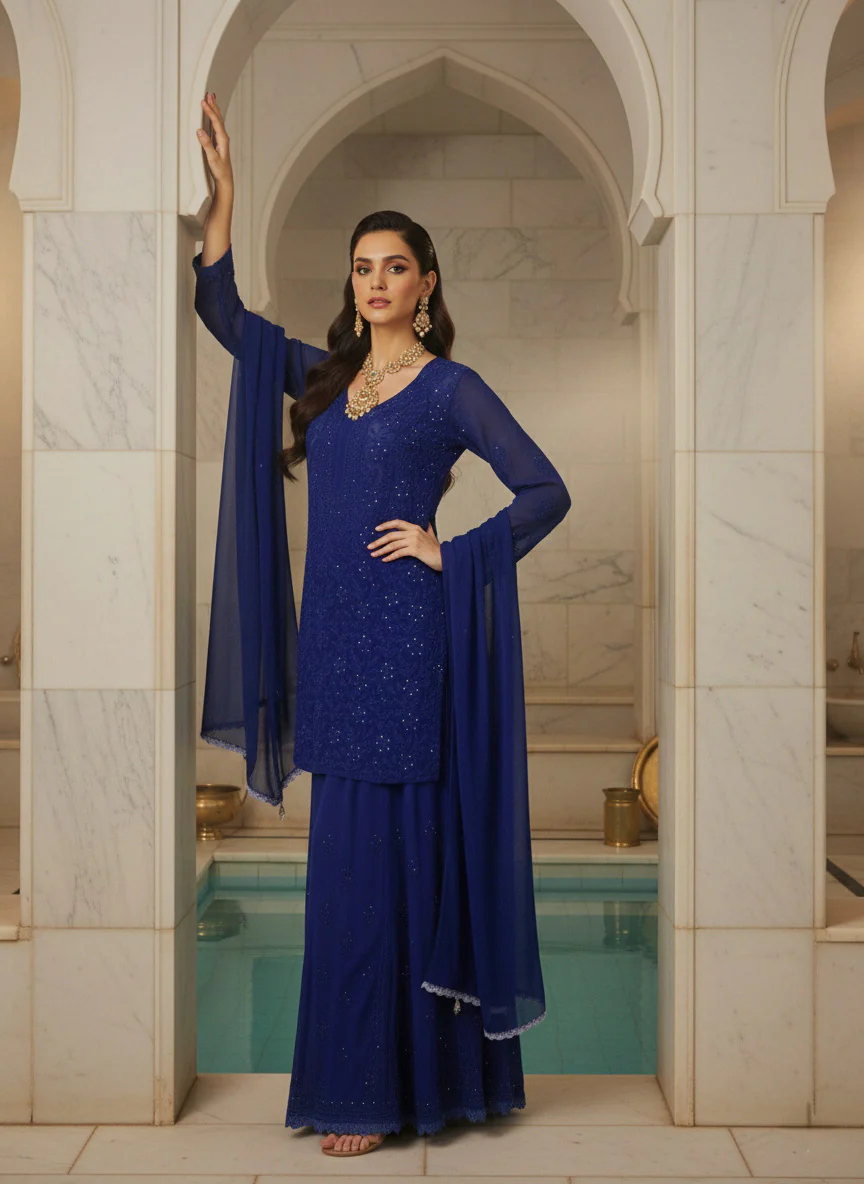 Turkish Blue Short Chikankari Kurta-Sharara Set - Image 3
