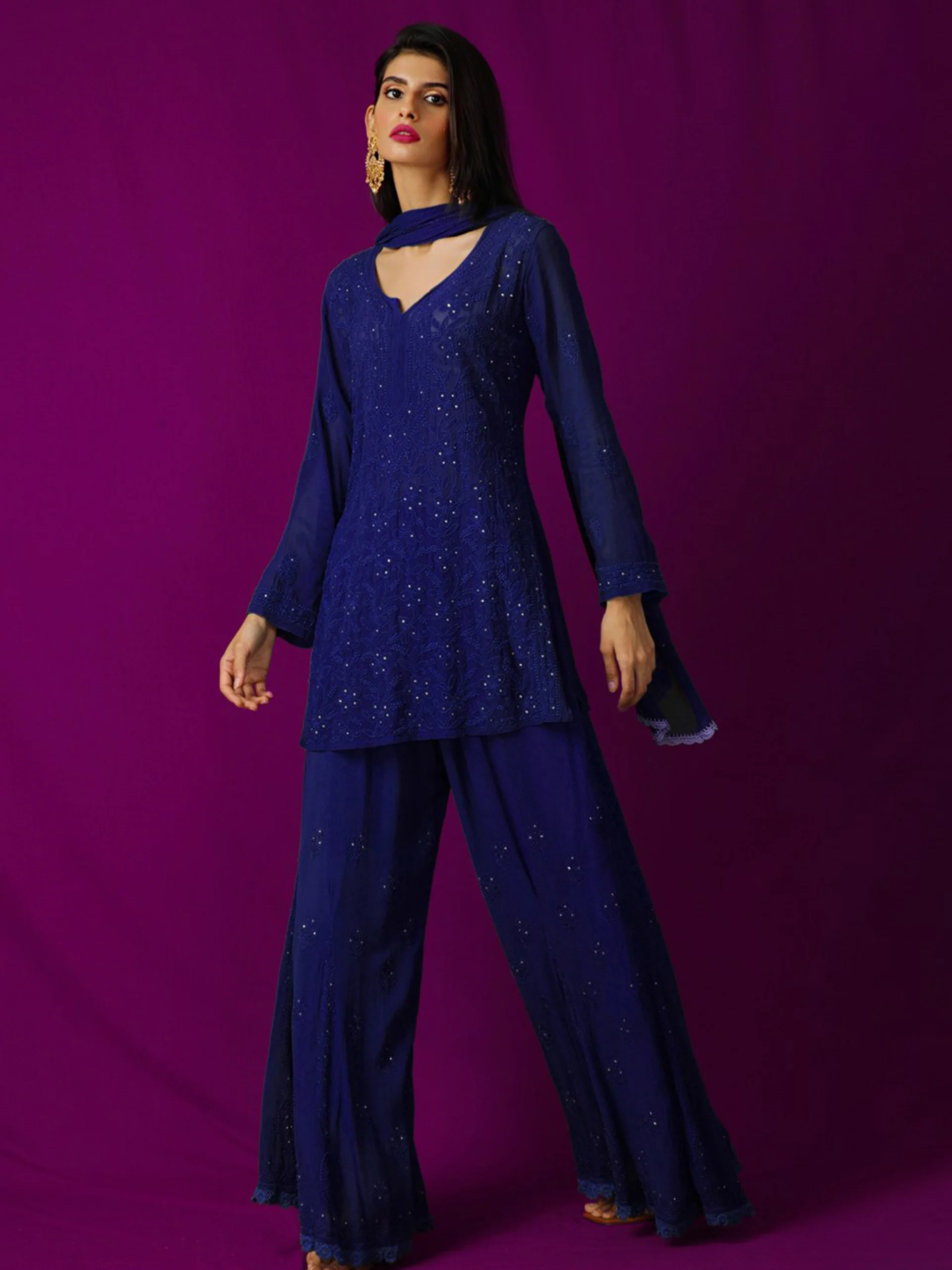 Turkish Blue Short Chikankari Kurta-Sharara Set - Image 5