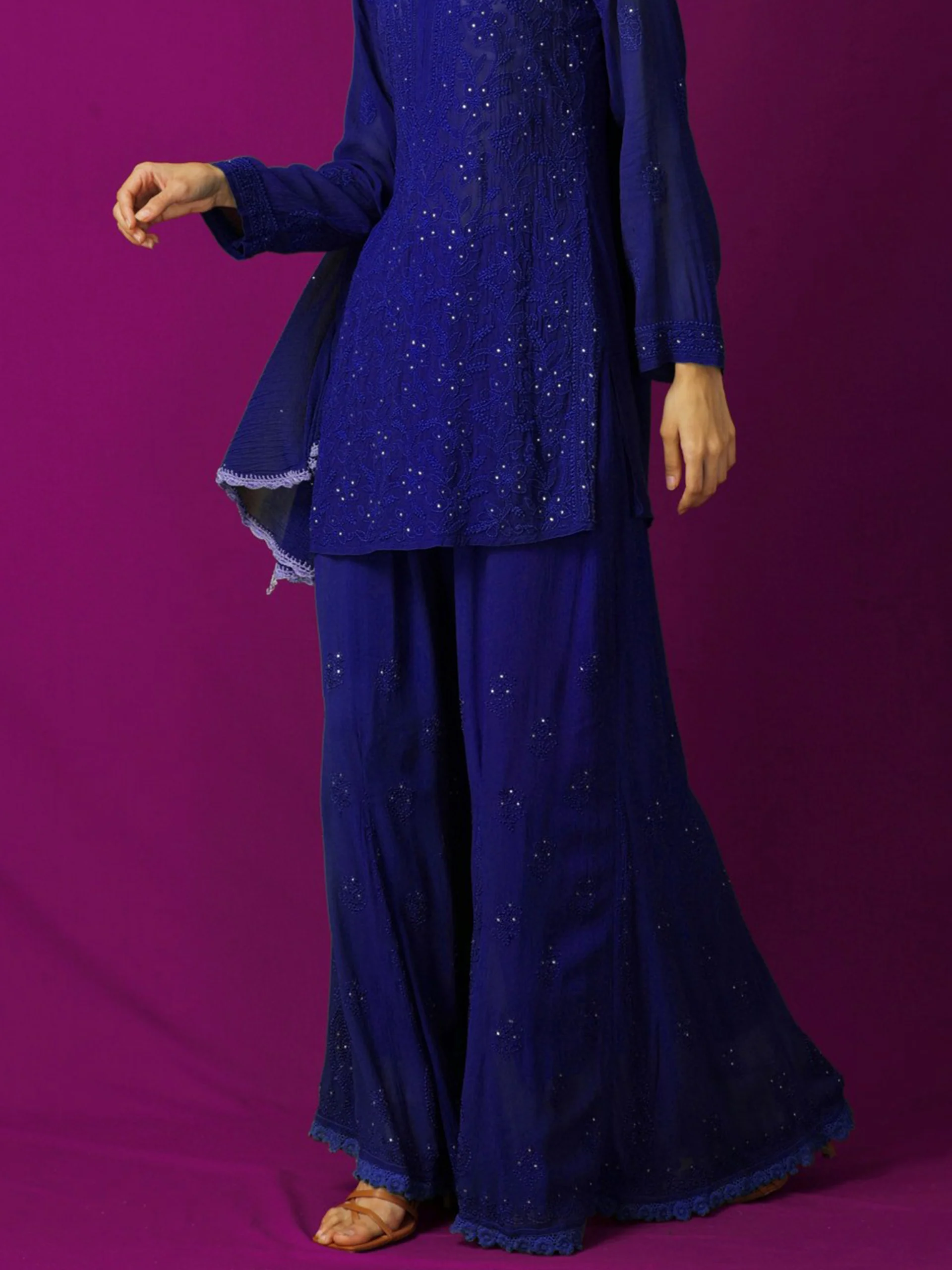 Turkish Blue Short Chikankari Kurta-Sharara Set - Image 7