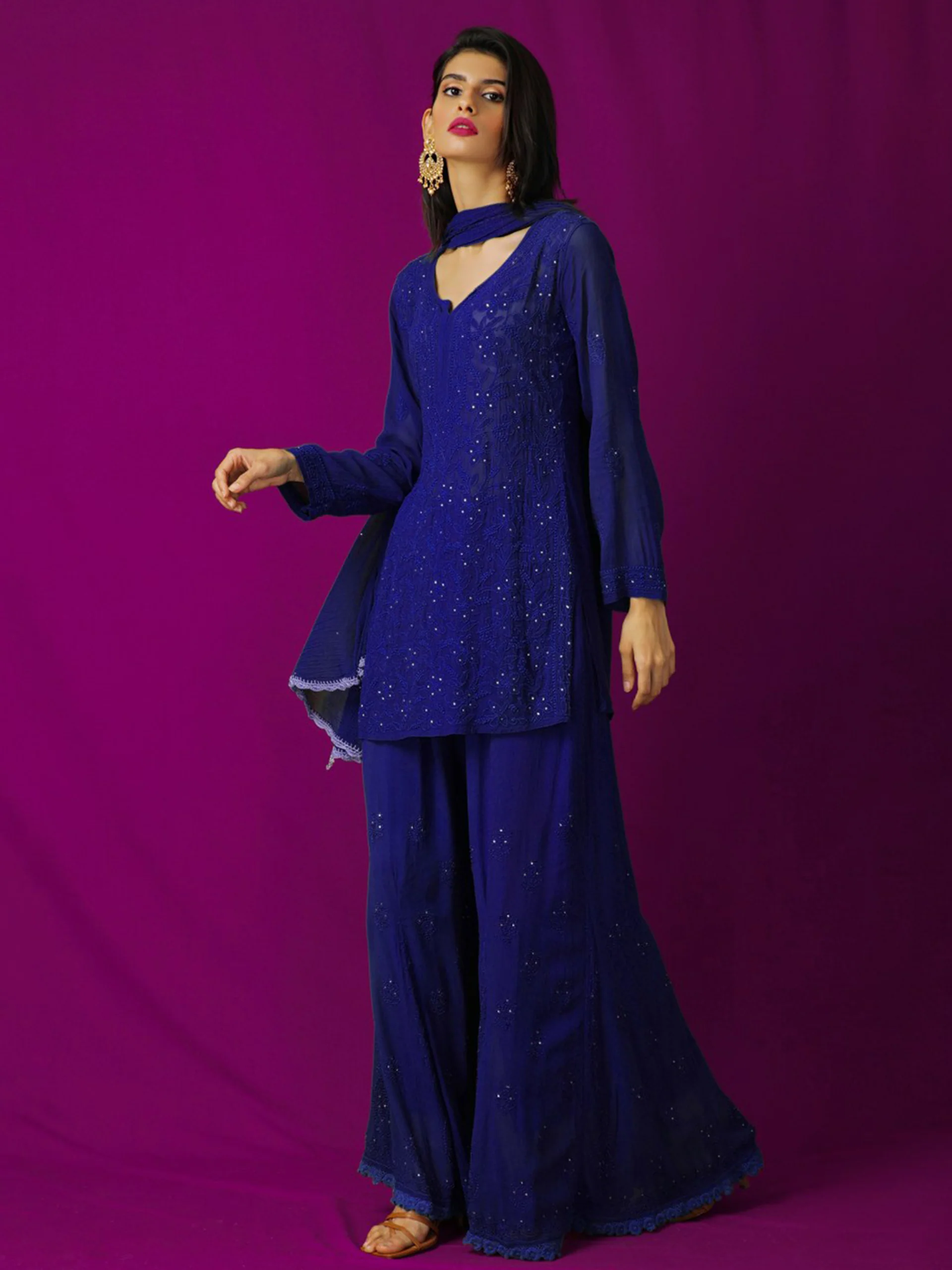 Turkish Blue Short Chikankari Kurta-Sharara Set - Image 8