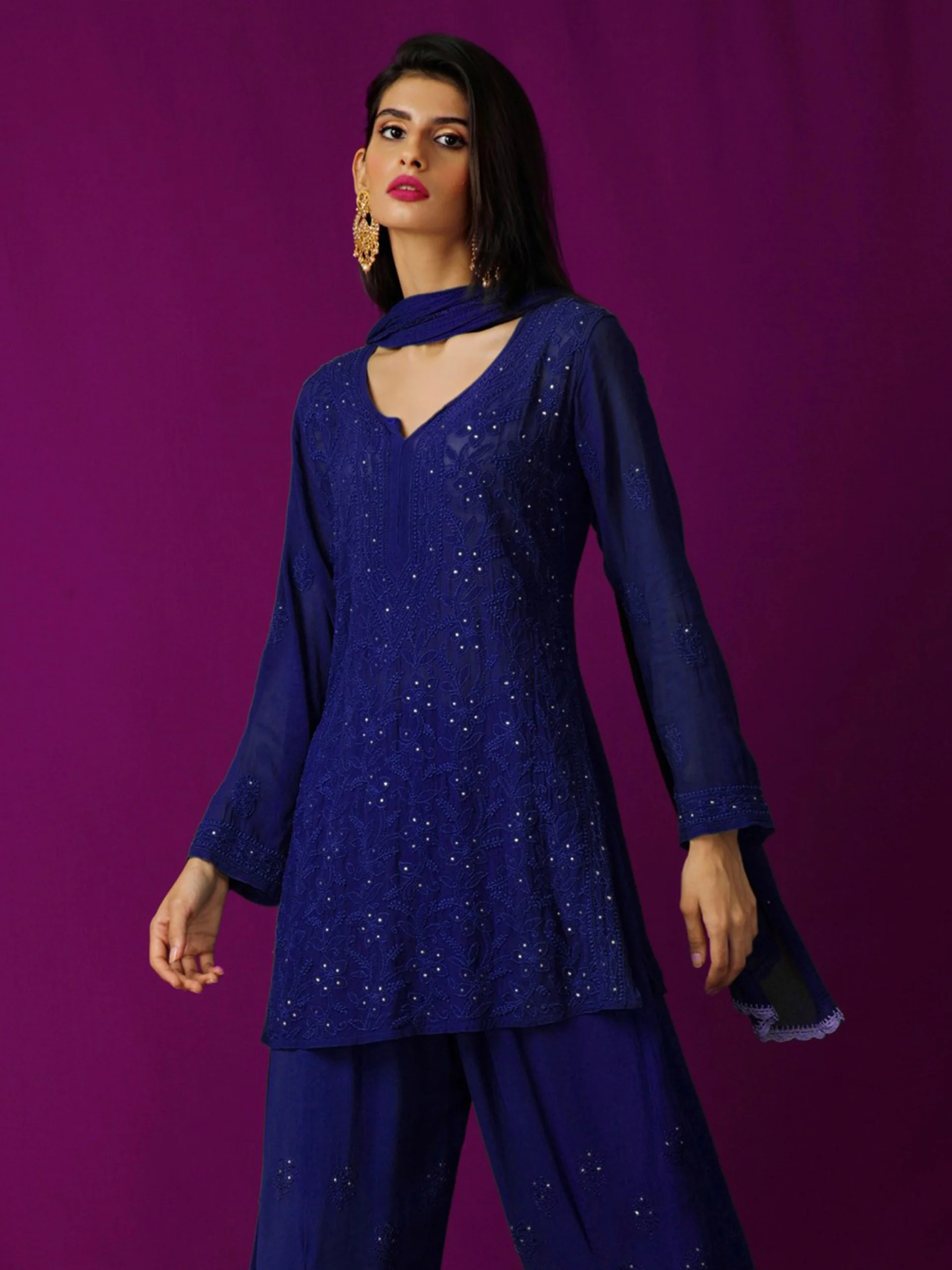 Turkish Blue Short Chikankari Kurta-Sharara Set - Image 9